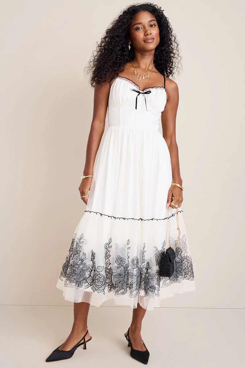 floral formal dress midi Blue Bustier Embroidered Floral A-Line Dress