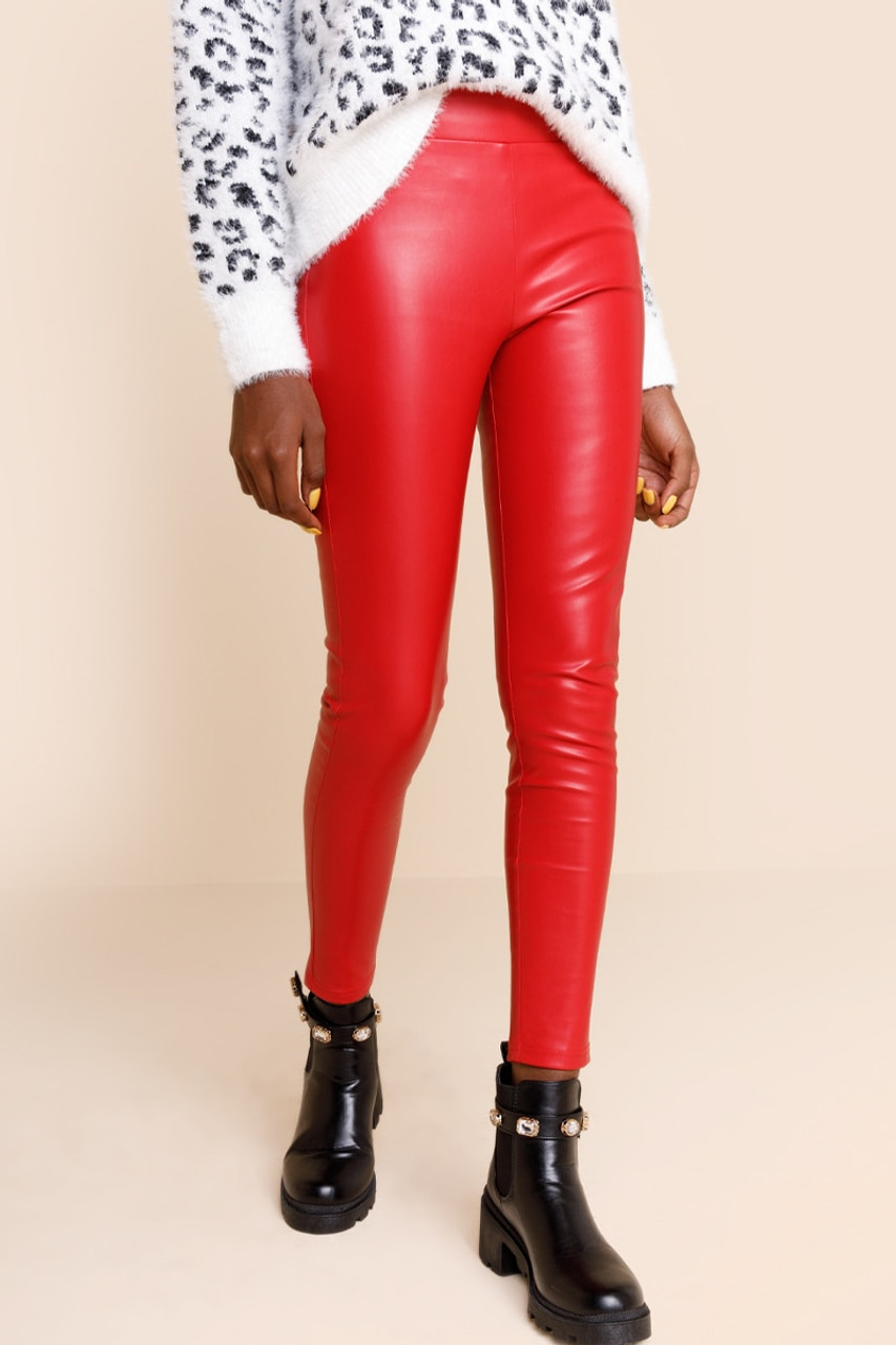 Red Leather Leggings/ Long Leggings/ Street Leggings/ Stretch Leather /  Casual Women Leggings/ IVANEL/ S, M, L 