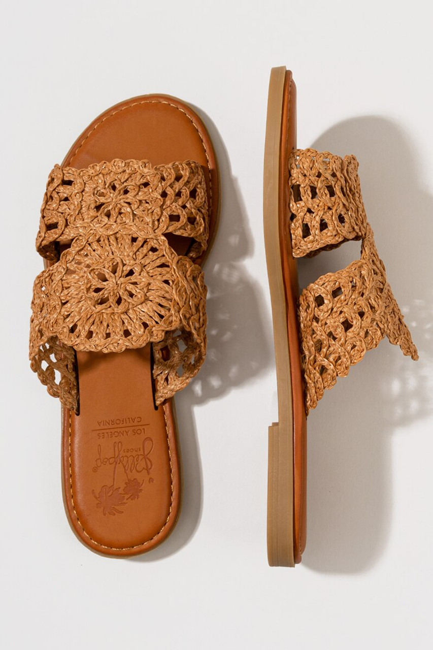 Jellypop Tan Tamina Raffia Crochet Slide Sandals francesca s