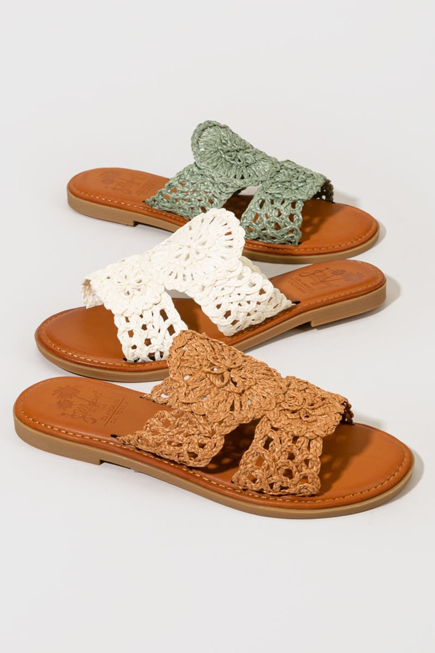 Jellypop Tan Tamina Raffia Crochet Slide Sandals francesca s