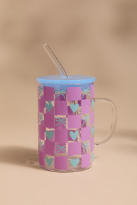 Checkered Hearts and Bows Glass Mug 15oz