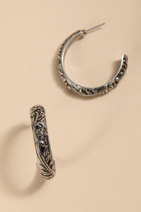 Amber Embossed Silver Hoop Earrings