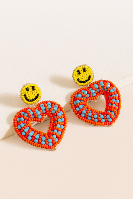 Allysa Smiley Face Beaded Heart Drop Earrings