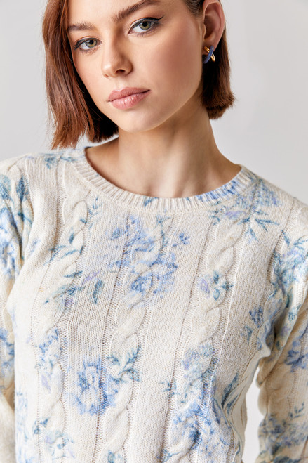 Sasha Watercolor Floral Cable Sweater