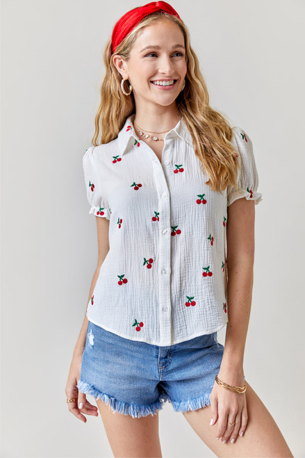 Camila Cherry Embroidered Button Down Top