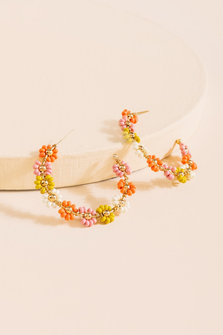 April Woven Beaded Flower Hoop Earrings