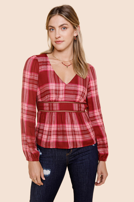 Allison Plaid Ladder Trim Blouse