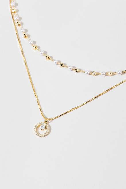 Kimberly Layered Pearl Circle Pendant 14K Gold Dipped Necklace