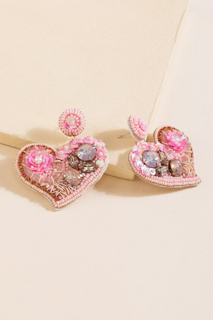 Brenda Detailed Beaded Heart Drop Earrings