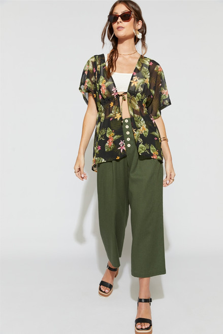 Julia Tie Front Hibiscus Print Kimono