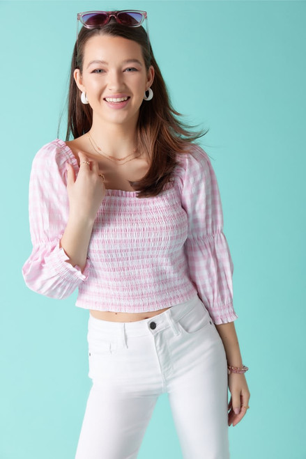 Juliet Gingham Smocked Sleeve Blouse