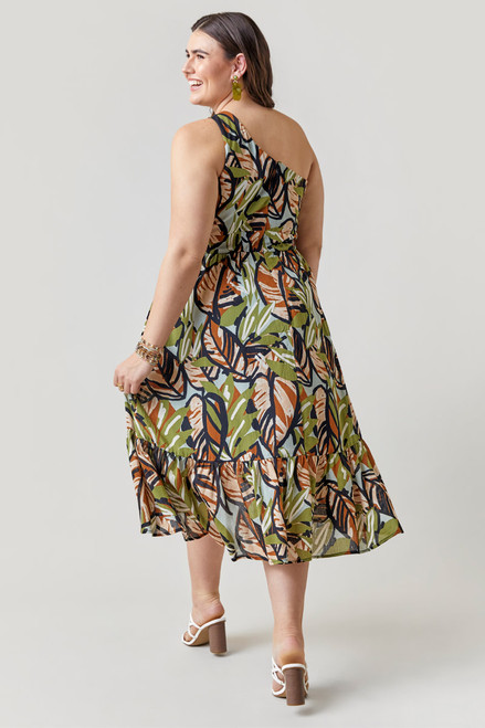 Dalora One Shoulder Palm Print Midi Dress