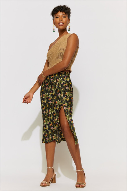 Aubree Floral Satin Side Slit Midi Skirt