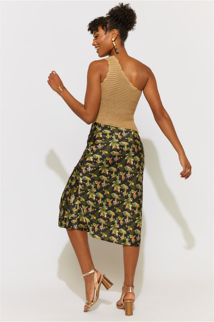Aubree Floral Satin Side Slit Midi Skirt