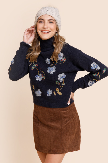 Daphne High Neck Floral Embroidered Sweater