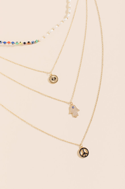 Eva Multi Layered Evil Eye Pearl Charm Necklace