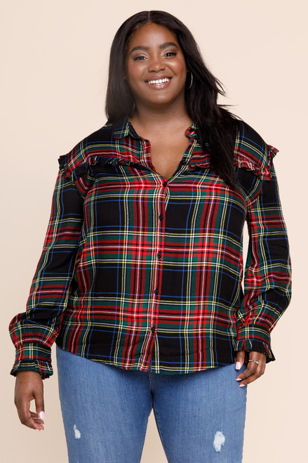 Raleigh Plaid Ruffled Button Down Top