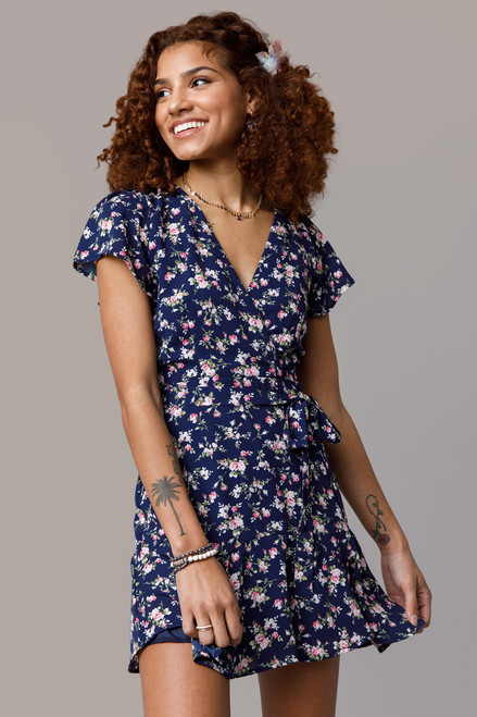 Jordun Floral Surplice Godet Mini Dress