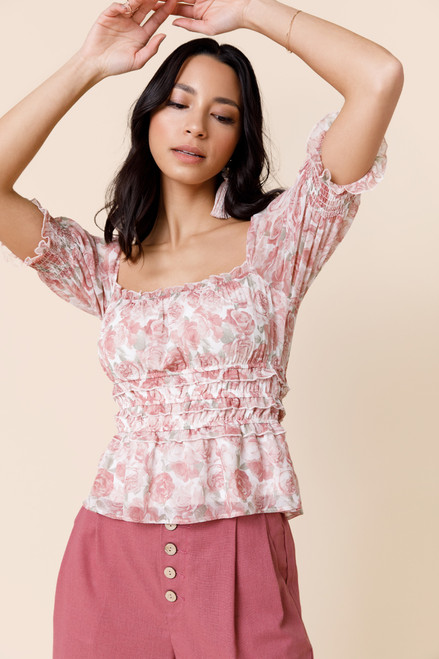 Jenette Romantic Rose Smocked Blouse