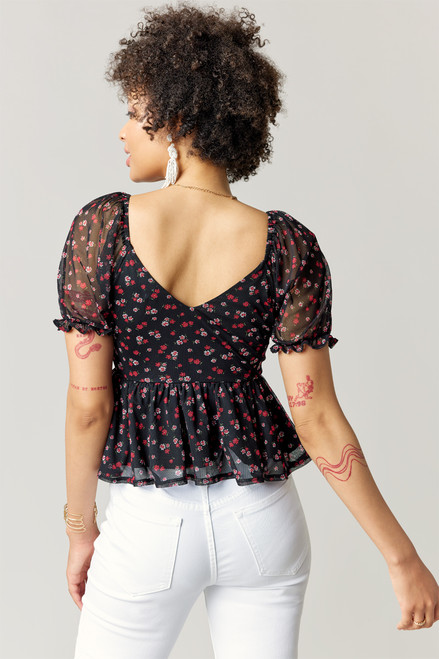 April Floral Mesh Puff Sleeve Top