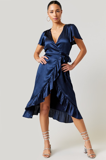 Janette Satin Wrap Midi Dress
