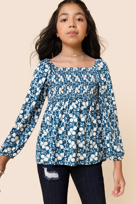 franki Floral Smocked Blouse for Girls Navy