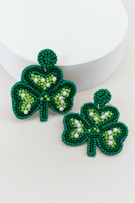 St. Patrick's Day Beaded Shamrock Drop Earrings