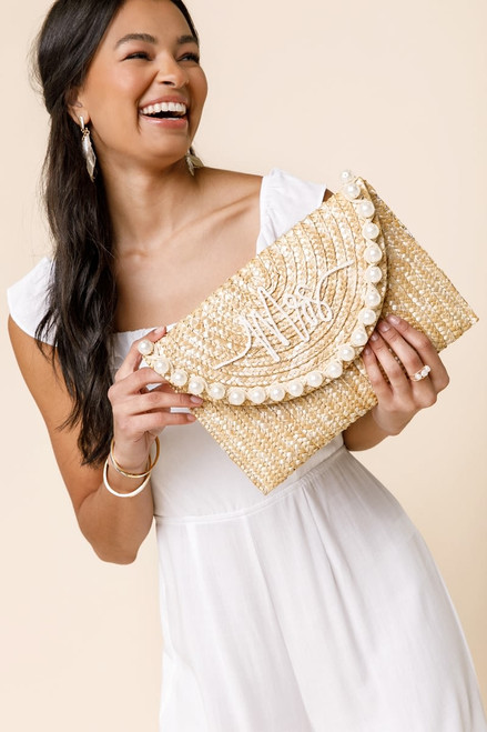 Mrs Embroidered Straw Pearl Clutch