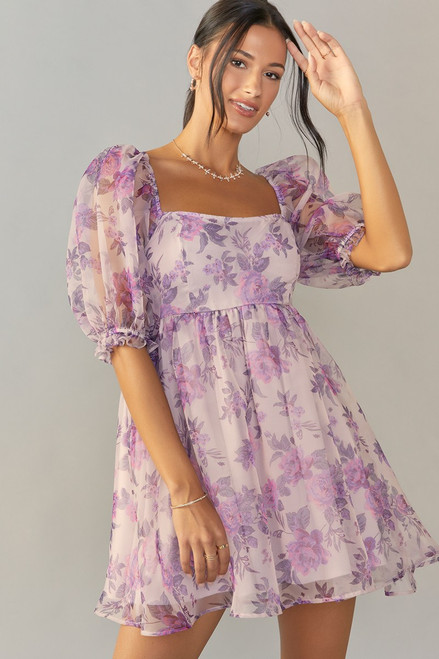 Penelope Floral Organza Babydoll Mini Dress