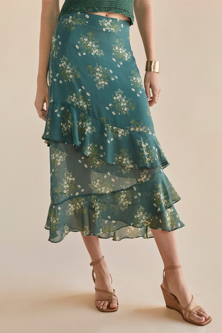 Juliana Floral High Low Cascade Ruffle Midi Skirt