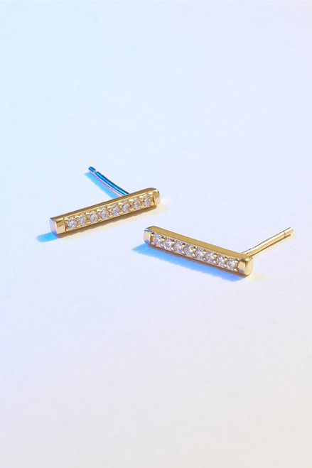 Demi-Fine Gold Plated CZ Pave Bar Stud Earrings