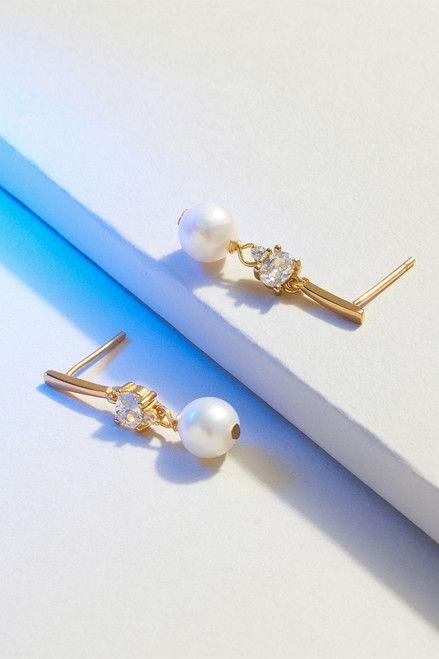 Demi-Fine Gold Plated Pearl CZ Drop Earrings