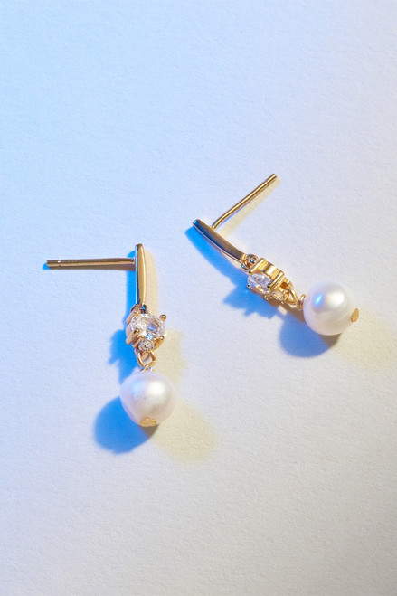 Demi-Fine Gold Plated Pearl CZ Drop Earrings
