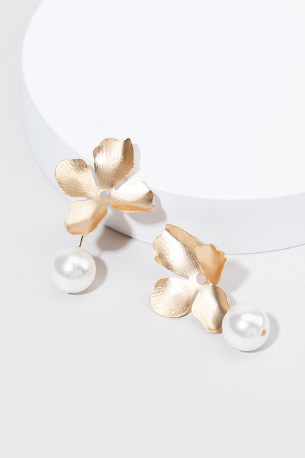 Chloe Satin Flower Post Pearl Drop Earrings