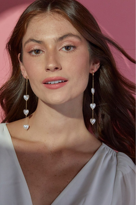 Luxe 14K Gold Plated Pearl Hearts Linear Earrings