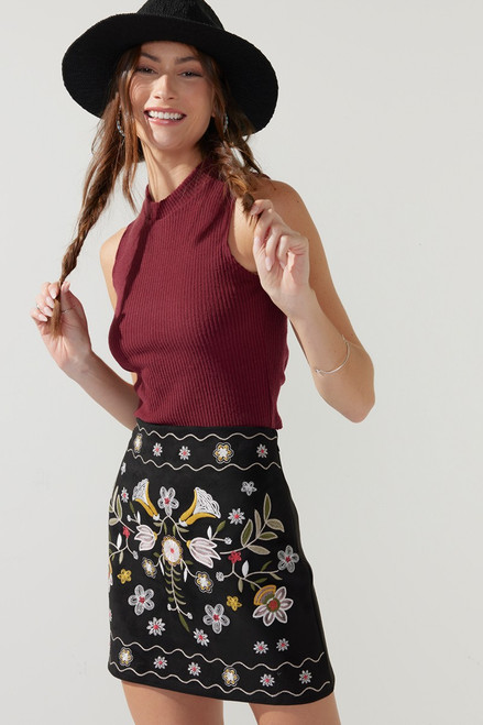 Racquel Faux Suede Embroidered Mini Skirt