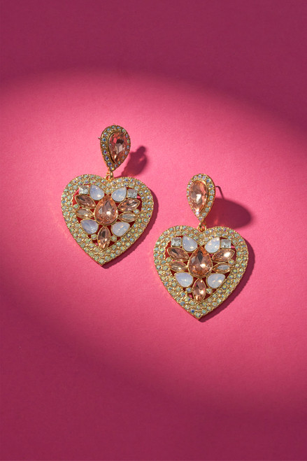 Luxe 14K Gold Plated Large Crystal Heart Chandelier Earrings