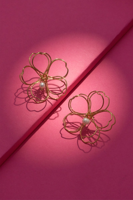 Luxe 14K Gold Plated Large Wire Flower Stud Earrings