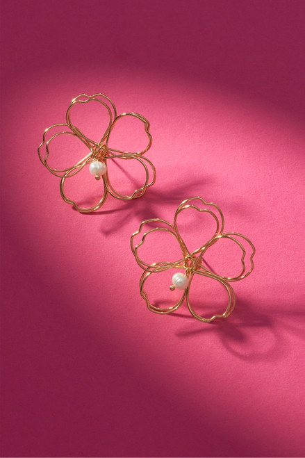 Luxe 14K Gold Plated Large Wire Flower Stud Earrings