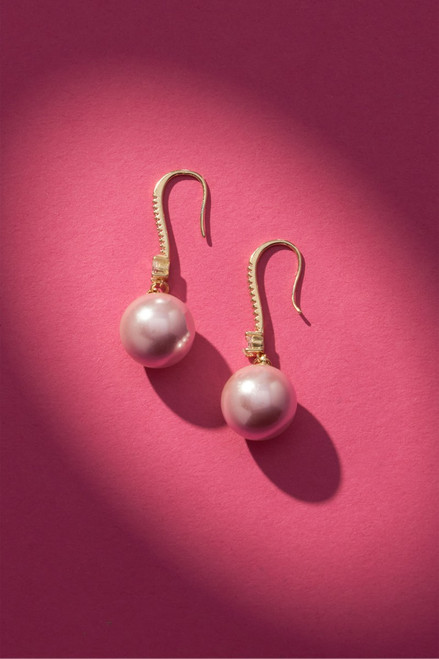 Luxe 14K Gold Plated CZ Large Pink Pearl Drop Earrings