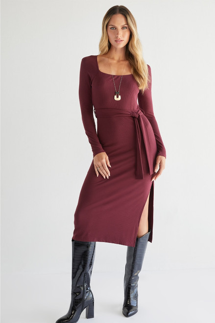 Autumn Tie Front Ribbed Midi Dress