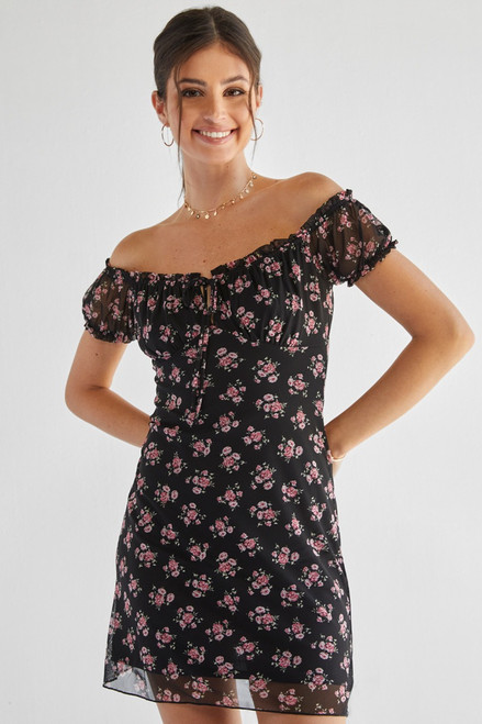 Quinn Floral Mesh Off The Shoulder Mini Dress