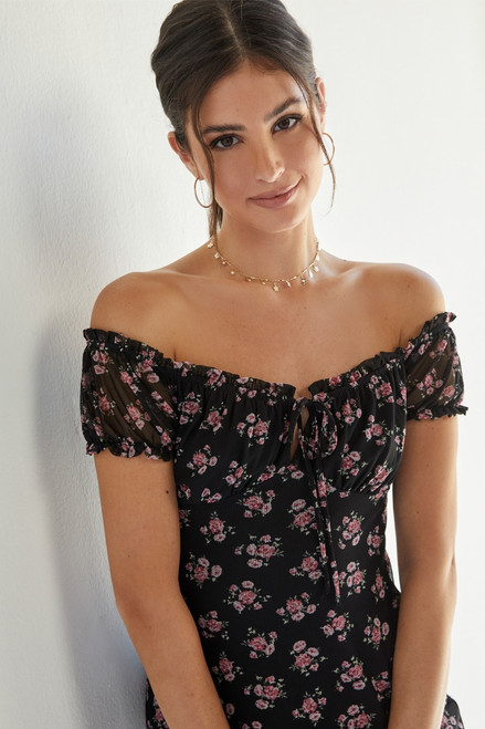 Quinn Floral Mesh Off The Shoulder Mini Dress