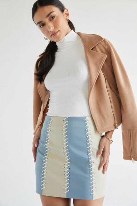 Adelyn Vegan Leather Color Block Mini Skirt