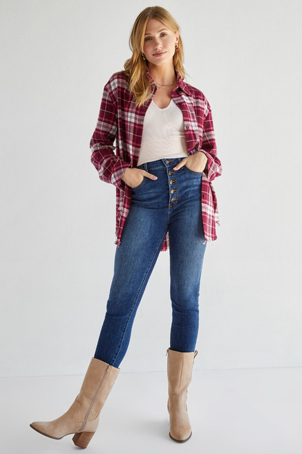 Jamie Frayed Plaid Button Down Top