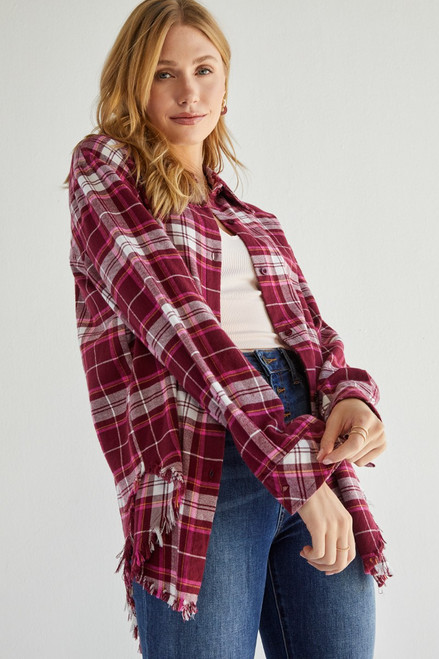 Jamie Frayed Plaid Button Down Top