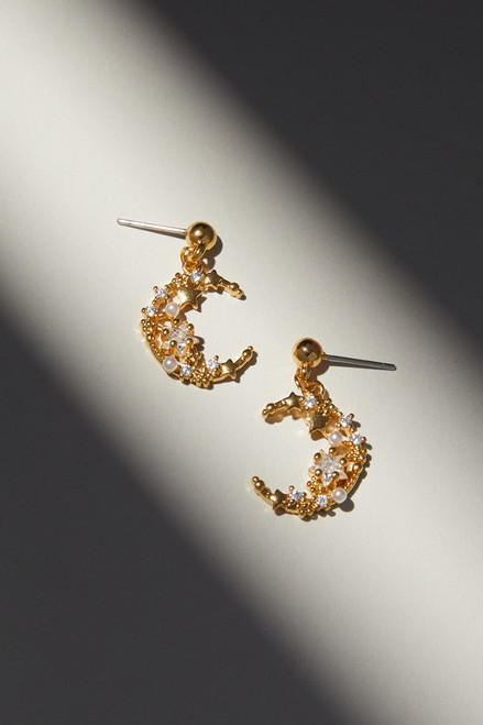 Luxe 14K Gold Plated CZ Cluster Moon Drop Earrings