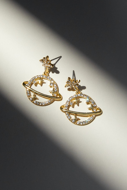 Luxe 14K Gold Plated CZ Saturn Drop Earrings