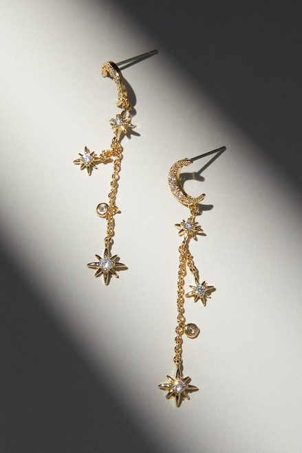 Luxe 14K Gold Plated CZ Moon Star Linear Earrings