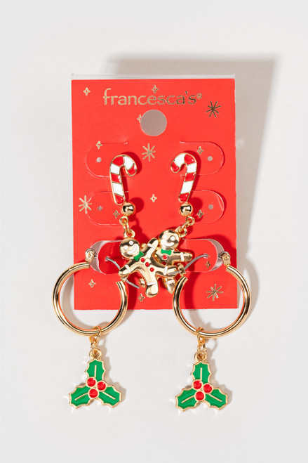 Noelle Candy Cane Gingerbread Man Holly Earring Set